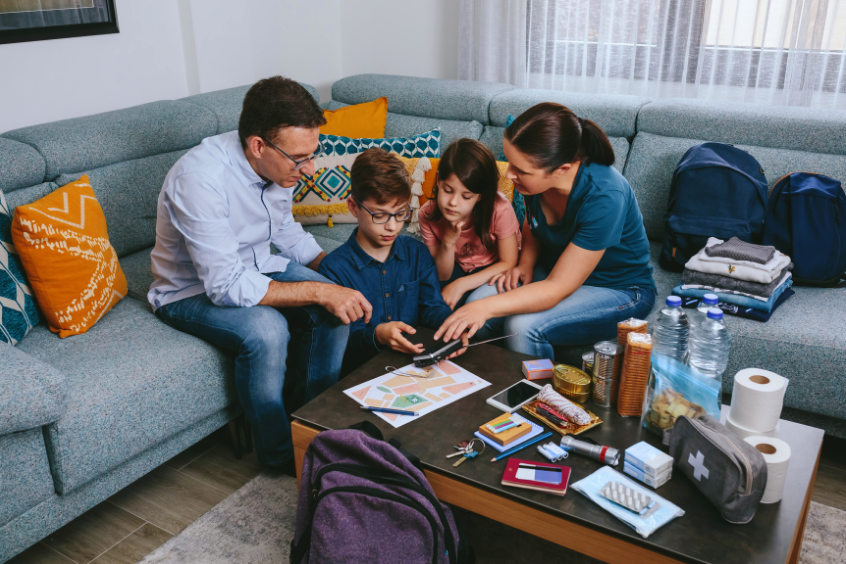 Mother explaining to her children how to use radio while preparing emergency backpacks